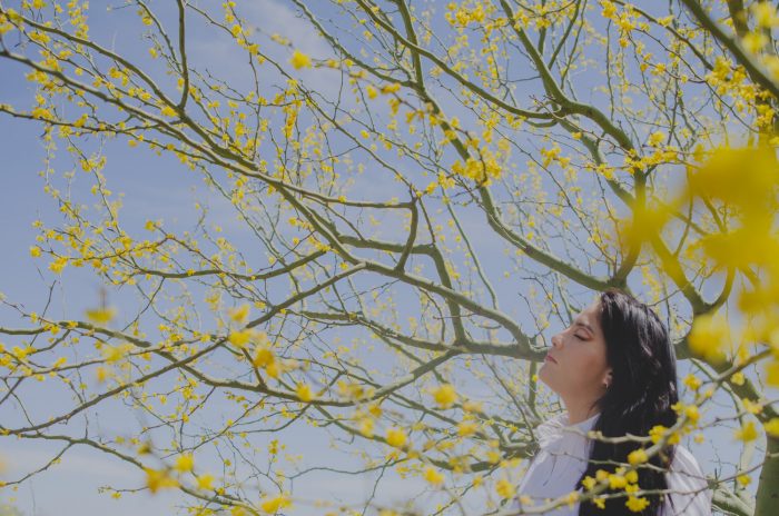 Retrato de mujer entre flores amarillas y ramas del arbol palo verde