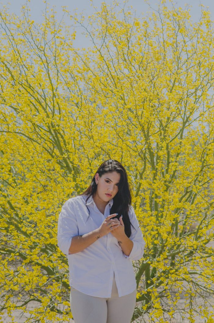 Sesion de fotos frente a árbol lleno de flores amarillas